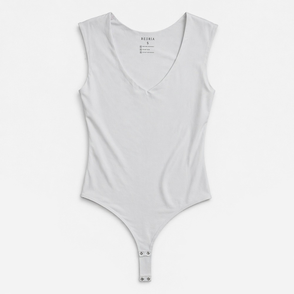 Reoria White V Neck Bodysuit Womens S Double Lined Sleeveless Stretch Basic